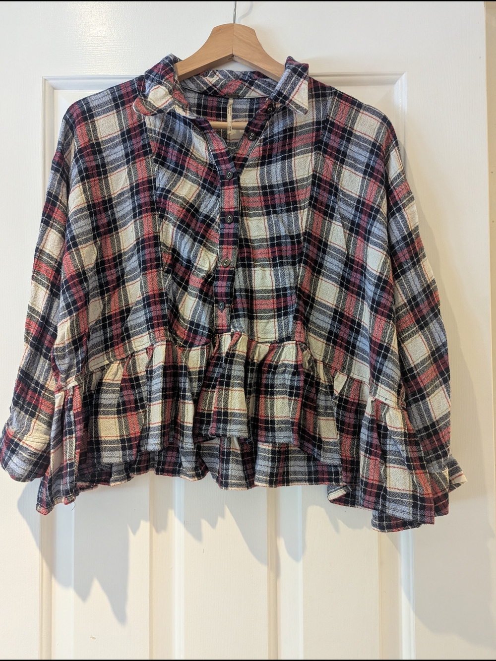 Free People Promise Anything Plaid Flannel Crop Ruffle Babydoll Shirt Top XS/S/M - Picture 3 of 13
